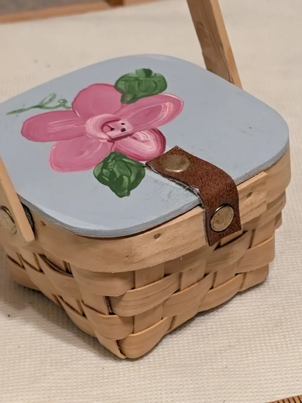 Cute Handpainted Small Square Basket - Vintage Country Folk Handcrafted